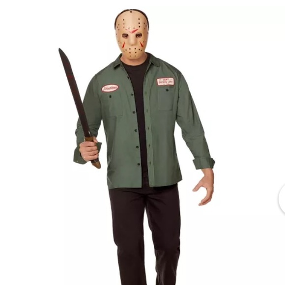 Adult Jason Voorhees Work Shirt, Mask & Knife Friday the 13th Halloween Costume - Picture 1 of 6